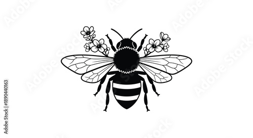 A detailed black and white illustration of a bee with floral accents presented as a striking silhouette high quality professional modern
