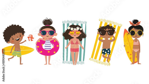 A group of happy cartoon children enjoying a summer beach day