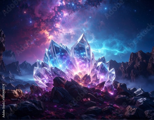 Magical crystal mountains glowing under starlight high resolution wallpaper