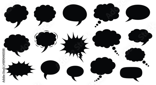 A collection of diverse black speech bubbles and thought balloons varying in shape and style presented as a silhouette high quality