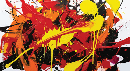 Abstract expressionism painting featuring vibrant yellow red and orange paint splashes on a stark white background creating dynamic visual texture