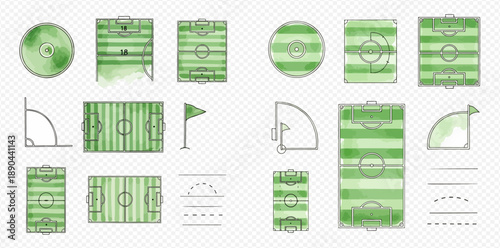 Set of various sports fields and courts with green watercolor textures and line art elements for different games.