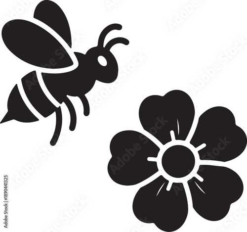 Silhouette of a bee flying near a flower nature illustration in black and white
