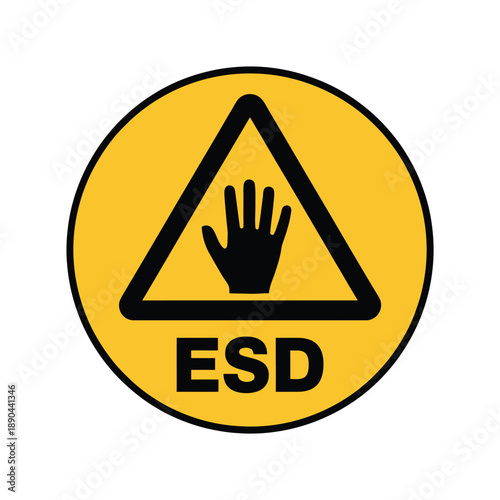 A yellow warning sign depicting an esd hazard with a hand symbol