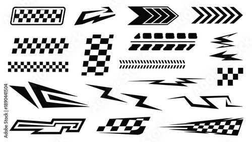 Stickers set with race cars, racing stripes, checkered flag, and speed graphics, vector illustration for automotive competition, motorsport visuals, car decals,