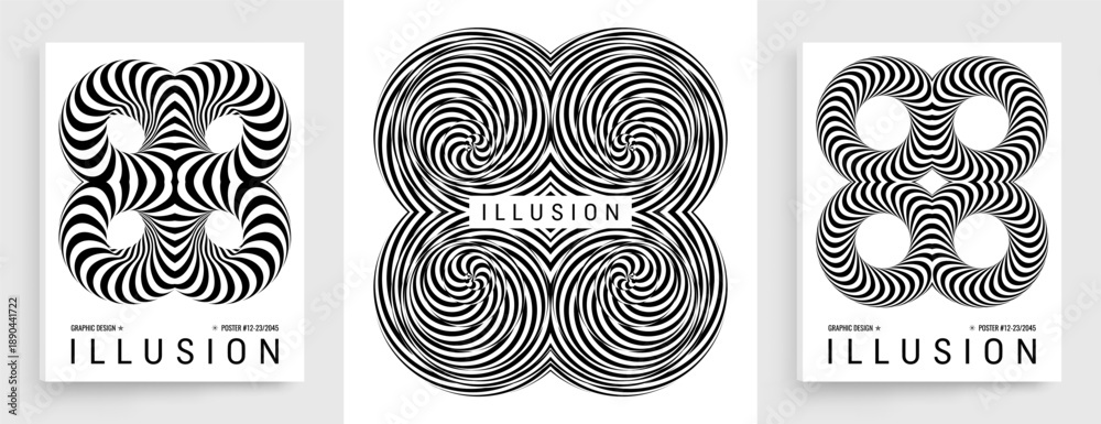 Obraz premium Black and white design. Optical illusion. Abstract striped form. Copy space. Hardcover book layout. Torus. Cover design template. Vector illustration for brochure, planner, diary, notebook or notepad.