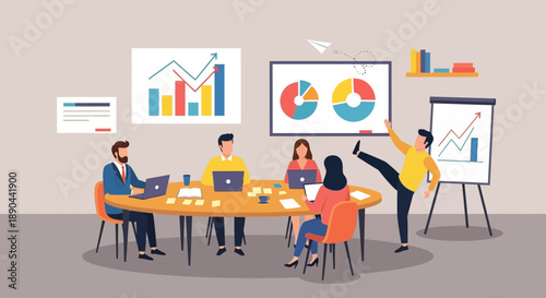 Team discussing business strategy with charts and graphs.