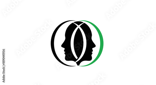 Logo with two silhouetted heads facing opposite directions.