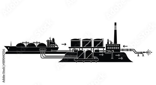 An industrial complex with a ship storage tanks and pipelines is depicted in a stark black silhouette high quality professional detailed