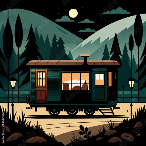Cozy cabin train in forest