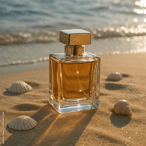 Luxury Perfume Bottle on Sandy Beach with Seashells at Sunset