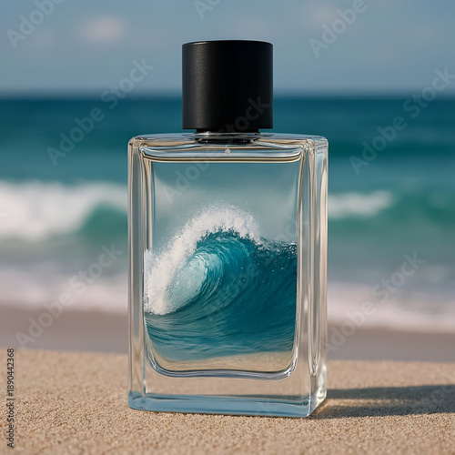 Luxury Perfume Bottle on Sandy Beach with Seashells at Sunset