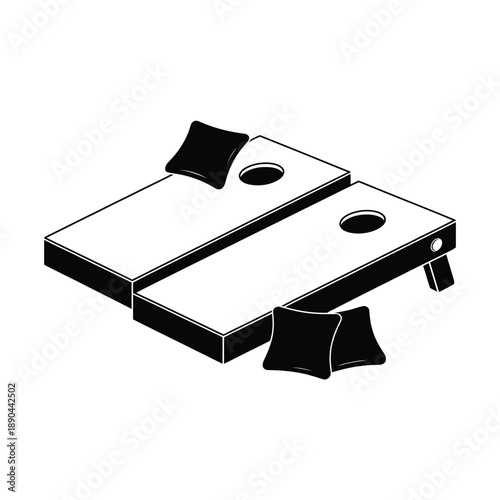 Black and white illustration of a cornhole game set with boards and bags