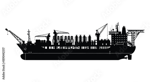 A detailed black silhouette of a large offshore oil drilling platform and tanker ship showcasing industrial design silhouette high quality professional