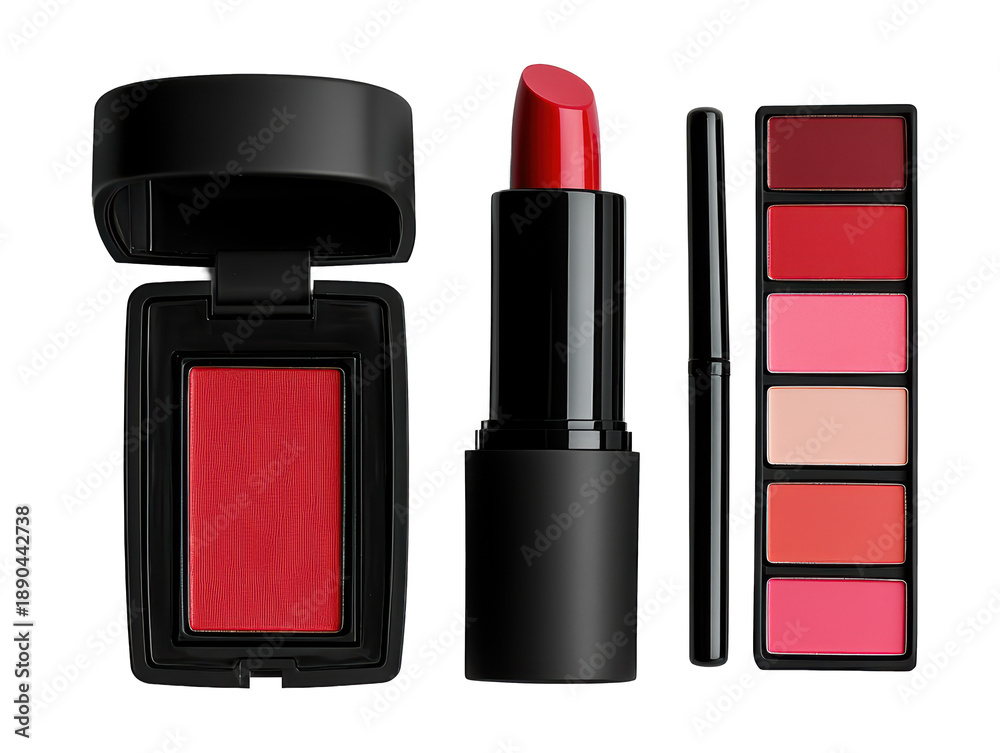 Obraz premium Cosmetics arranged on a transparent background with various makeup products displayed