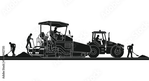 A detailed illustration depicts road construction workers and heavy machinery in a striking black silhouette high quality professional modern elegant stylish