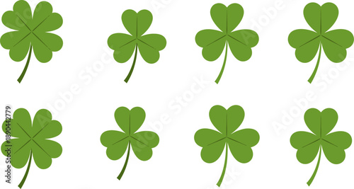 Vibrant Green Shamrocks and Lucky Four-Leaf Clovers Vector Illustration on White