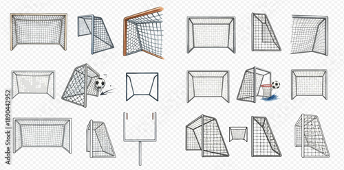 Collection of various sports goals including soccer, football, and hockey nets, isolated on transparent background.