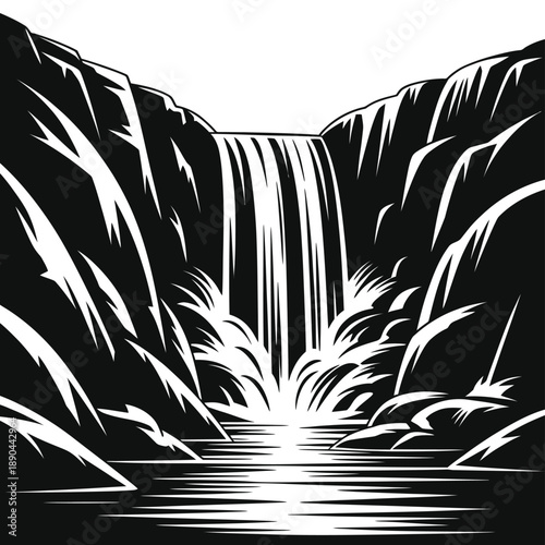 Dramatic black and white illustration of a cascading waterfall and pool