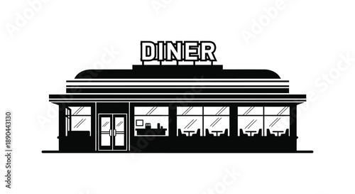 A classic american diner building facade is depicted in a stark black and white illustration a bold silhouette high quality professional