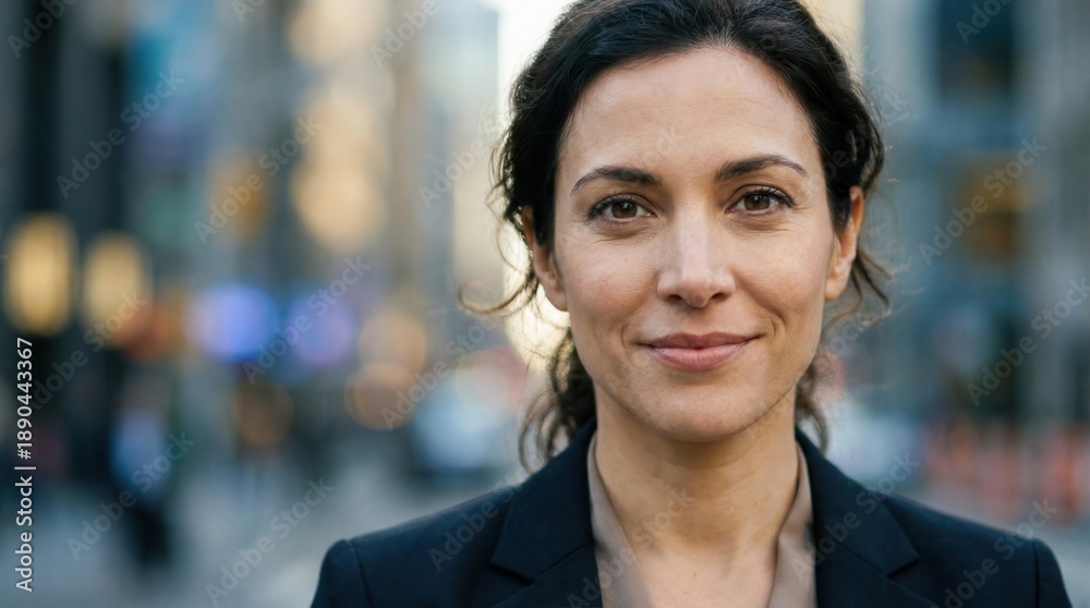 Obraz premium Confident businesswoman smiling in a city street with blurred background and bokeh lights