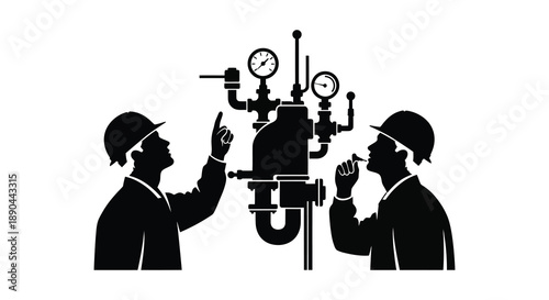Two workers in hard hats inspect complex industrial machinery with gauges depicted as a striking silhouette high quality professional detailed modern