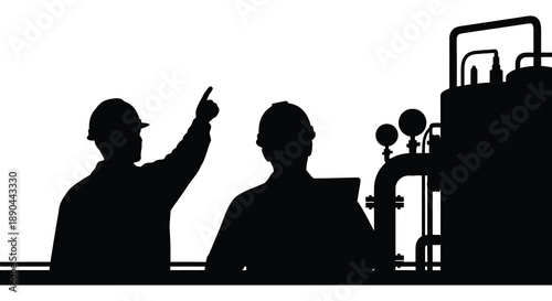 Industrial workers in hard hats examining refinery equipment one pointing upwards depicted as a striking silhouette high quality professional detailed modern
