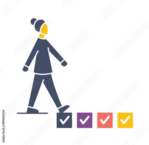 A distorted geometric character walking across a bridge constructed from approval check marks. Concept of success, completing goals, and positive progress in a naive style.