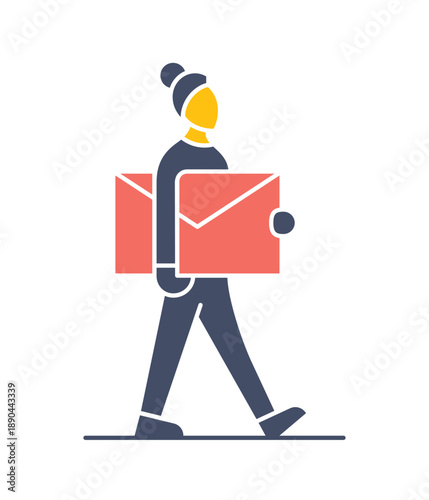A distorted female character walking and carrying a disproportionately large mail envelope. Concept of delivering important messages, email marketing, or communication.