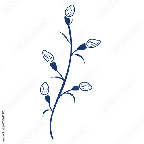 Pussy willow branch silhouette with leaves, graphic template Hand drawn vector isolated illustration. For Easter and seasonal designs, greeting cards, travel magazines, garden goods, nature clip arts.