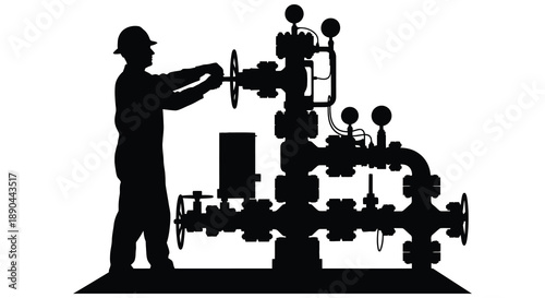 A worker operates complex machinery with valves and pipes in a stark black silhouette high quality professional detailed modern elegant stylish