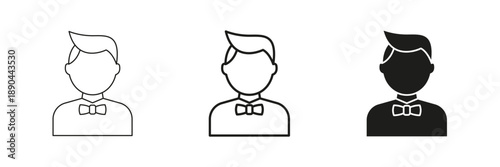 Male Avatar With Bow Tie Line And Solid Icon Set. Professional Appearance, Formal Attire and Personal Branding Outline And Silhouette Symbol. Business And Networking. Isolated Vector Illustration