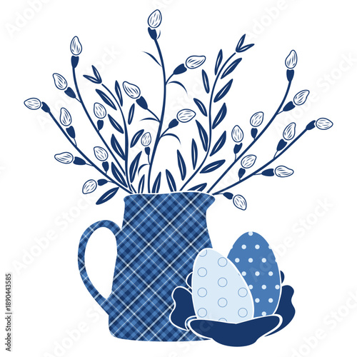 Checkered Jug, Pussy willow branches, Easter eggs silhouette, graphic template. Hand drawn vector illustration. For seasonal designs, greeting cards and magazines, restaurant menu, holiday clip arts.
