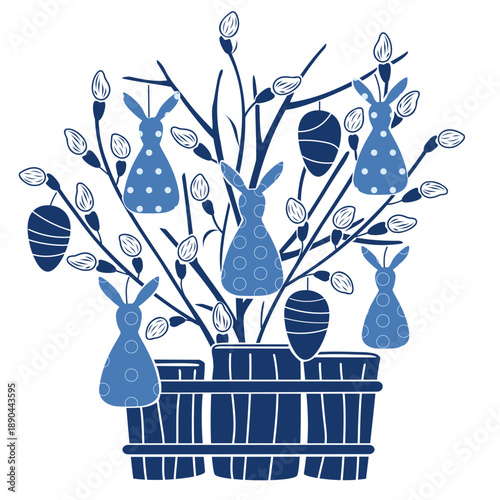 Pussy willow branches with Easter eggs, bunnies silhouette, graphic template. Hand drawn vector illustration. For seasonal designs, greeting cards, holiday magazines, fair goods, nature clip arts.