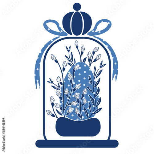 Easter egg, pussy willow branches, glass cloche silhouette, graphic template. Hand drawn vector illustration. For seasonal designs, greeting cards, holiday magazines, fair goods, decoration clip arts.