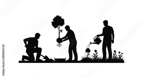 A black silhouette depicts a gardener tending to a plant from planting to watering showcasing growth and care silhouette high quality