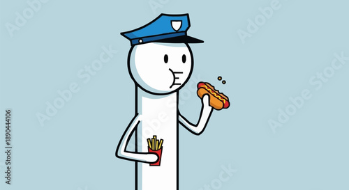 Cartoon police officer eating hot dog and french fries.
