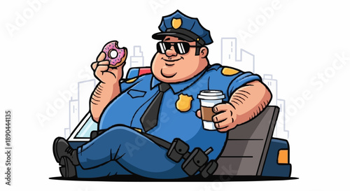 Cartoon Police Officer Eating Donut and Drinking Coffee.