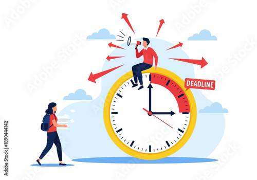Man on a clock with a deadline and a woman walking by