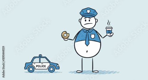 Cartoon Police Officer Holding Donut and Coffee Cup Next to Patrol Car.