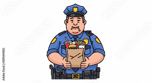 Cartoon Police Officer Holding Grocery Bag Full of Food.