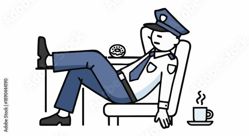 Cartoon police officer relaxing at desk with coffee and donut.