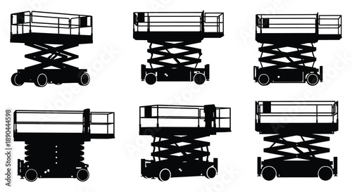 A series of black scissor lifts displayed in varying perspectives and sizes presented as a striking silhouette high quality professional detailed