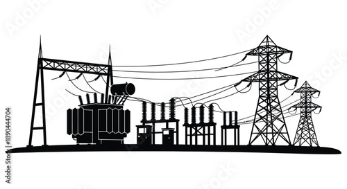 A stark black silhouette depicts an industrial power plant with transmission towers and electrical equipment creating a dramatic silhouette high quality