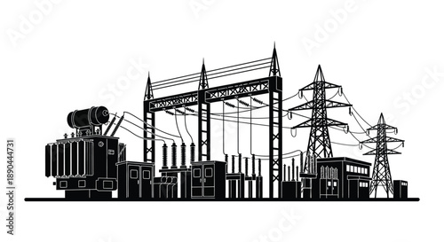 An industrial landscape featuring electrical power infrastructure including pylons and a substation presented as a silhouette high quality professional detailed modern