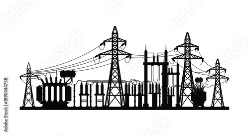 An industrial skyline featuring power lines towers and factory structures rendered as a striking black silhouette high quality professional detailed modern