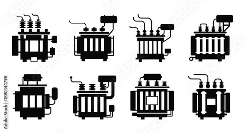 A collection of eight black silhouettes depicting various electrical transformers and power distribution equipment silhouette high quality professional detailed modern elegant
