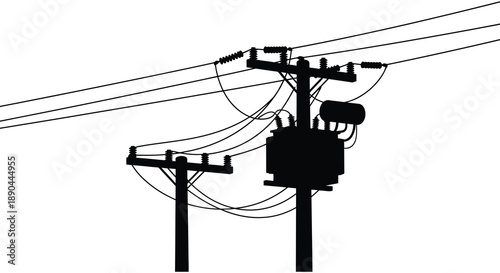 A stark depiction of power lines transformers and utility poles against a bright white background presented as a silhouette high quality