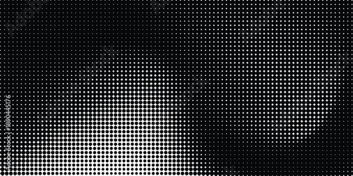 Abstract black and white halftone dot pattern background with gradient effect and grid overlay