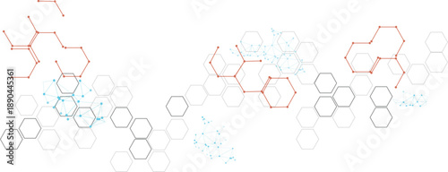 Abstract background of connected hexagons in red and cyan, representing chemical structure, molecules, or network connections